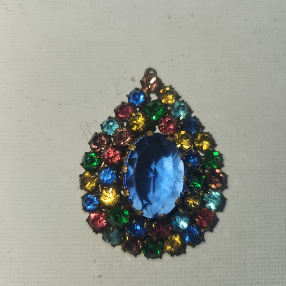 Czech Vintage Multi Color Rhinestone Teardrop Pendant Blue Oval Center  Brass